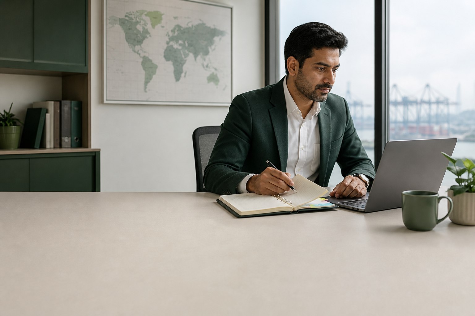 Export sales professional reviewing customer CRM and follow-up records