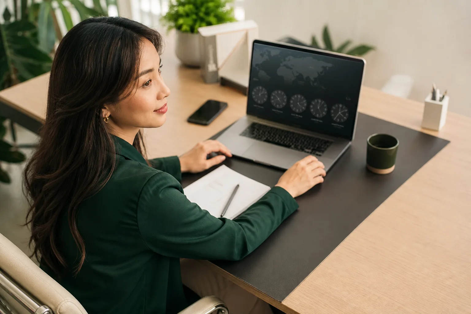 Fictional procurement manager checking customer local time